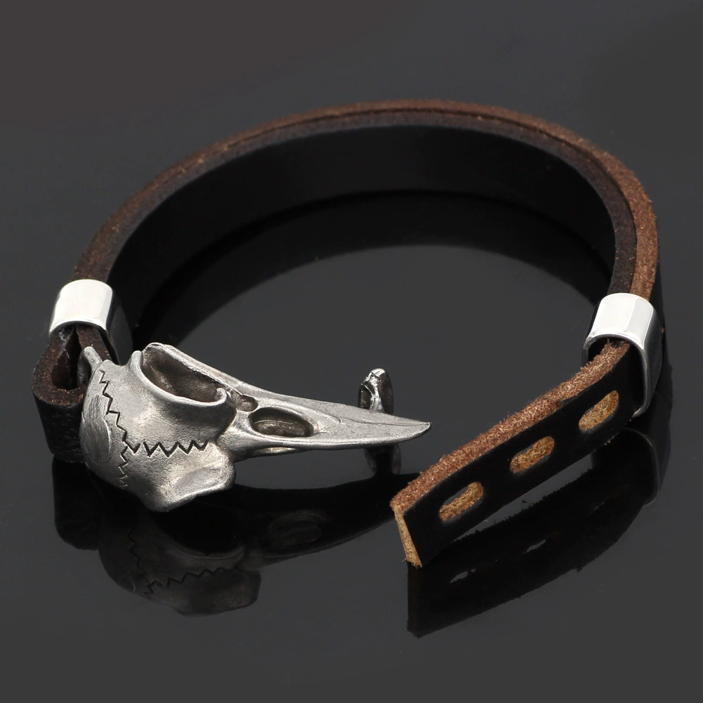 Retro Viking Raven Skull Genuine Leather Bracelet