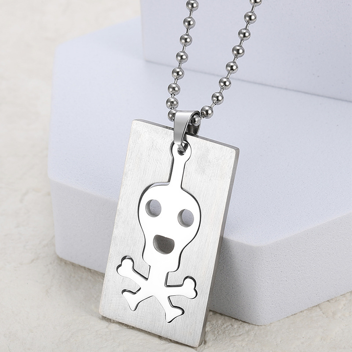 Skull Crossbones Dog Tag Ball Chain Necklace