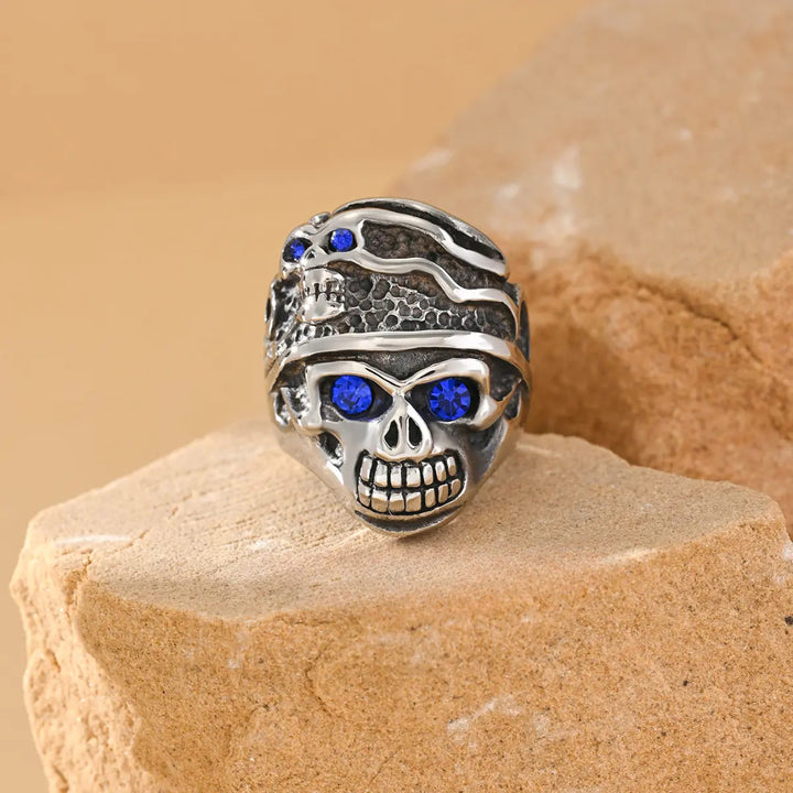 Pirate Double Skull Blue Gem Statement Ring