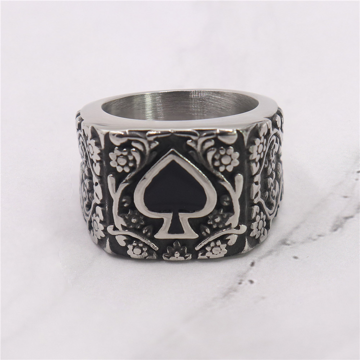 Floral Engraved Spade Symbol Statement Biker Signet Ring
