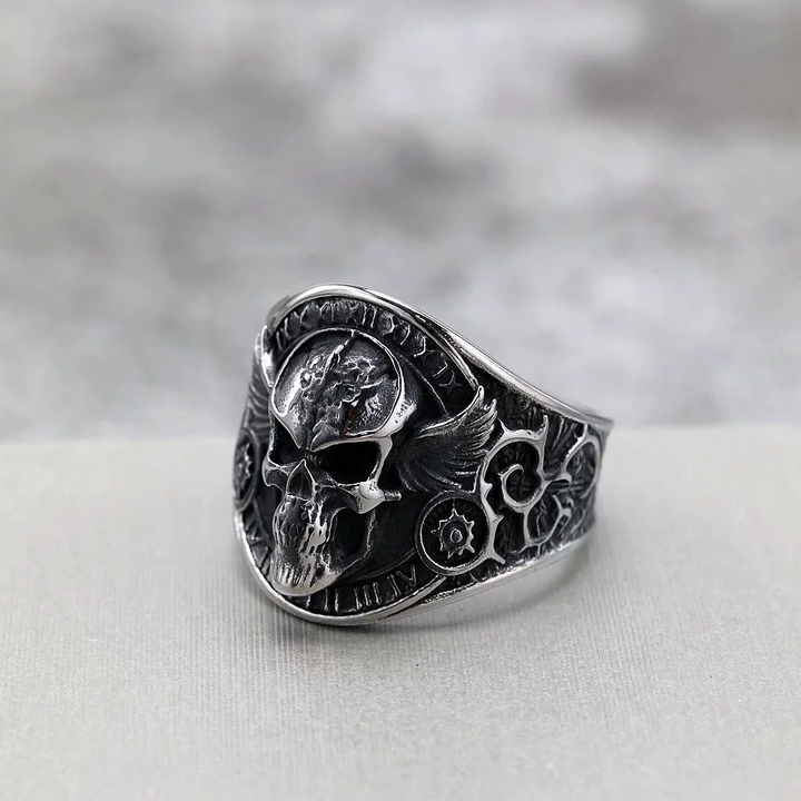 Retro Winged Skull Roman Numeral Biker Ring