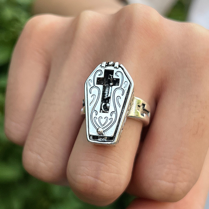 Retro Cross Engraved Coffin Ring