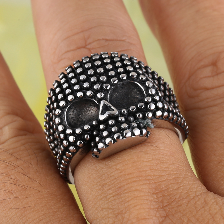 Retro Dot‑Embossed Skull Gothic Biker Statement Ring