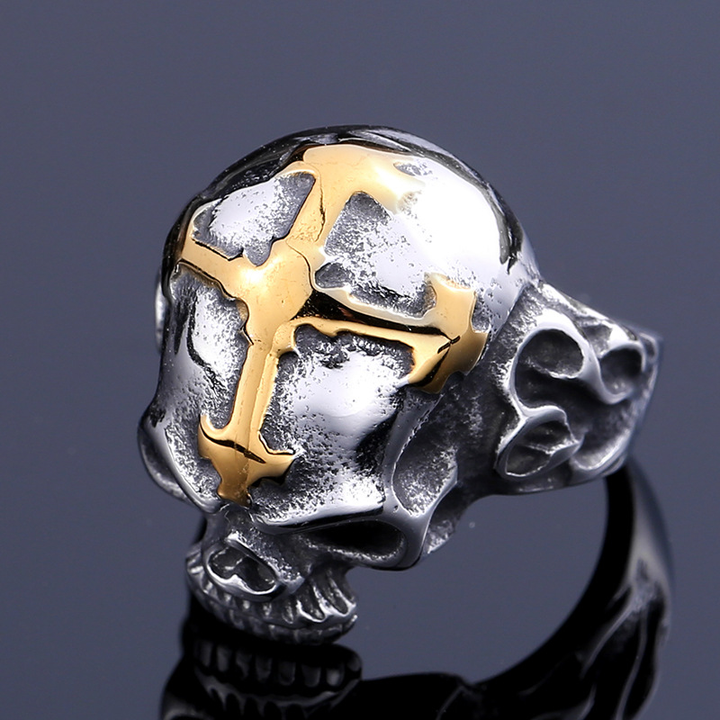 Cross Inlaid Skull Statement Ring