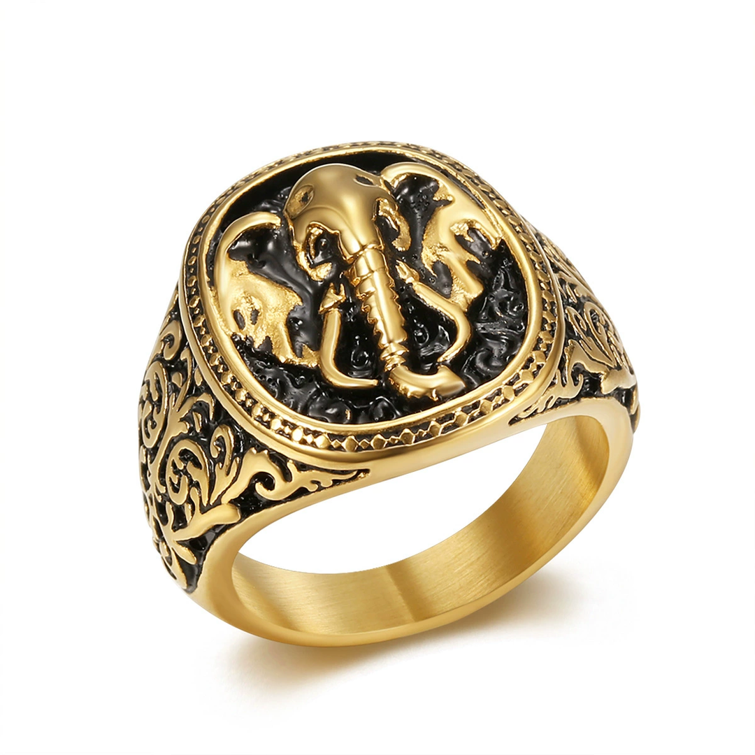 Vintage Engraved Elephant Totem Signet Statement Ring