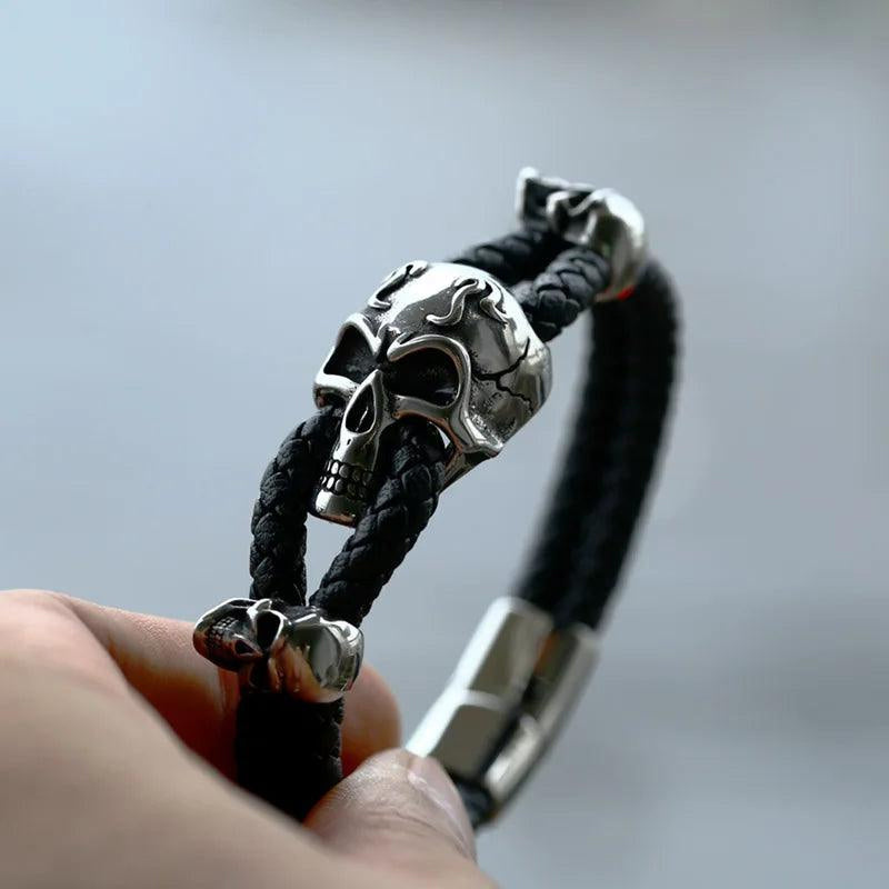 Biker Three Skull Accent Braided Slip On Wrist Band