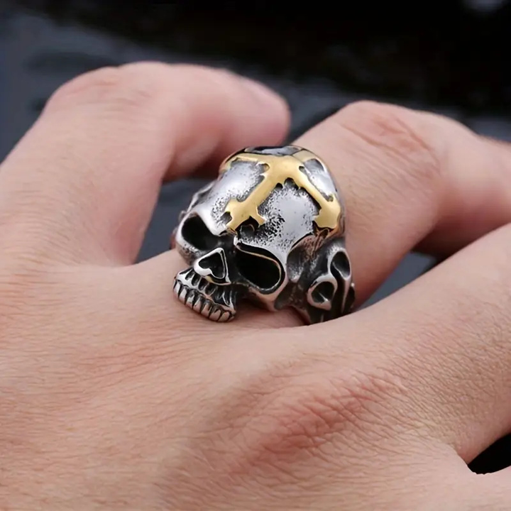 Cross Inlaid Skull Statement Ring
