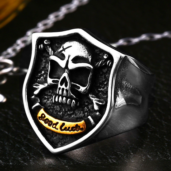 Retro Skull Shield "Good Luck" Ring