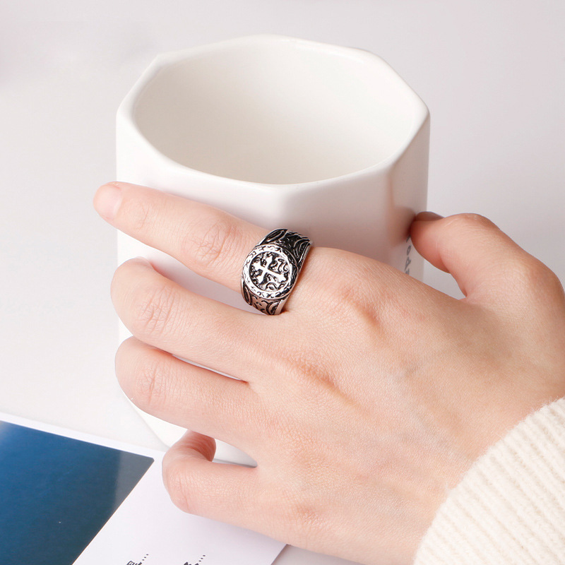 Vintage Cross Rune Engraved Adjustable Open Ring