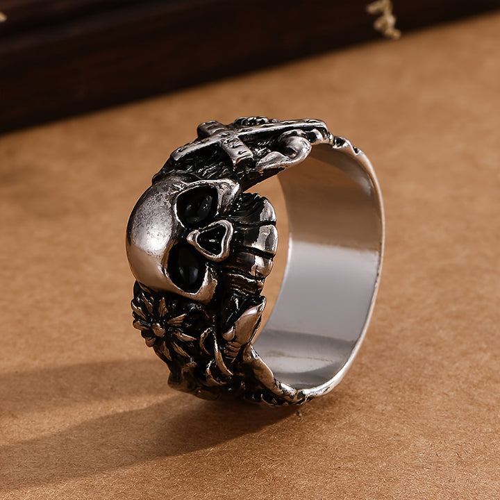 Gothic Skull Cross Floral Vintage Dark Punk Statement Band Ring