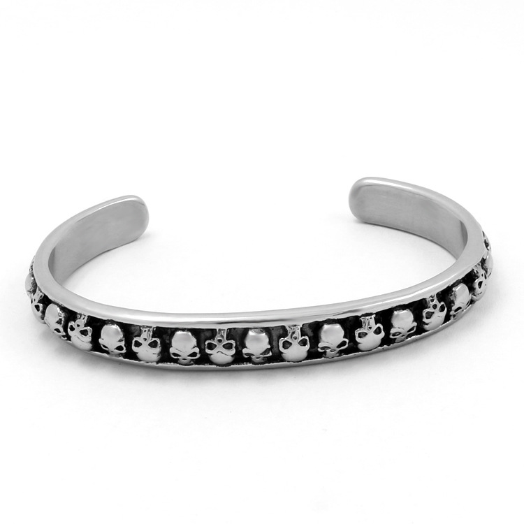 Vintage Skull Pattern Open Cuff Stainless Steel Men Bangle Bracelet