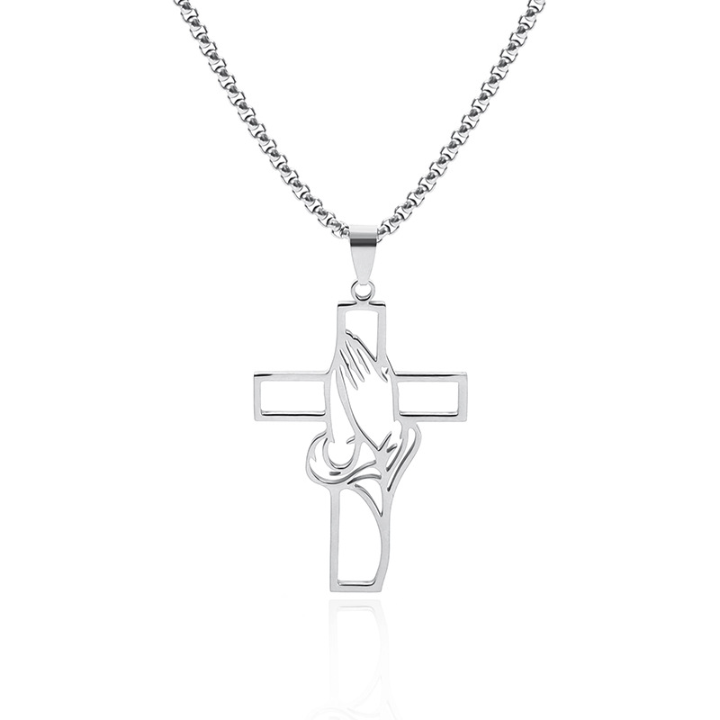 Christian Prayer Hand Cutout Cross Pendant Necklace