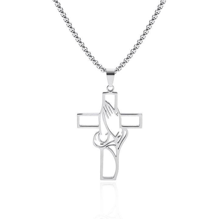 Christian Prayer Hand Cutout Cross Pendant Necklace