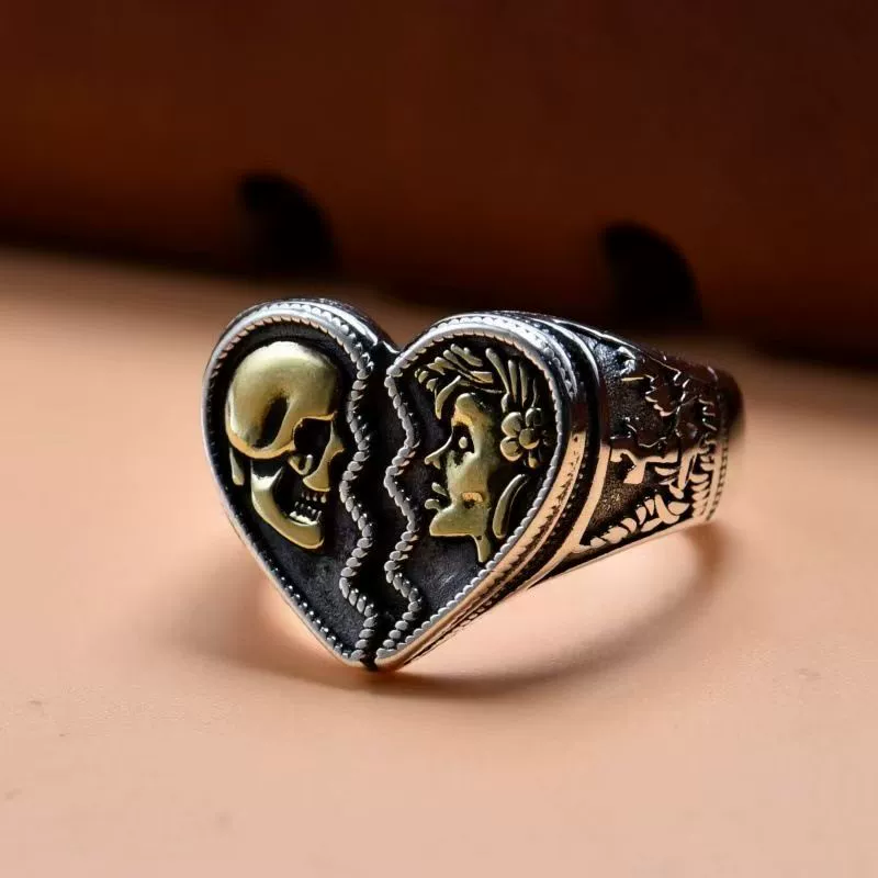 Two-Tone Split Heart Skull &amp; Woman Gothic Adjustable Ring