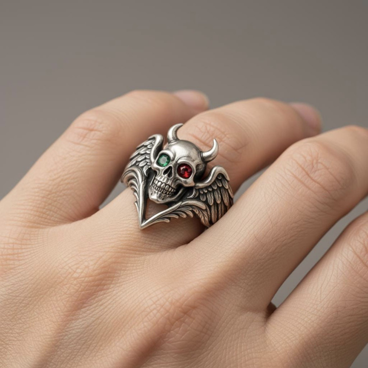 Goth Demon Skull Wing Twin Gem Ring