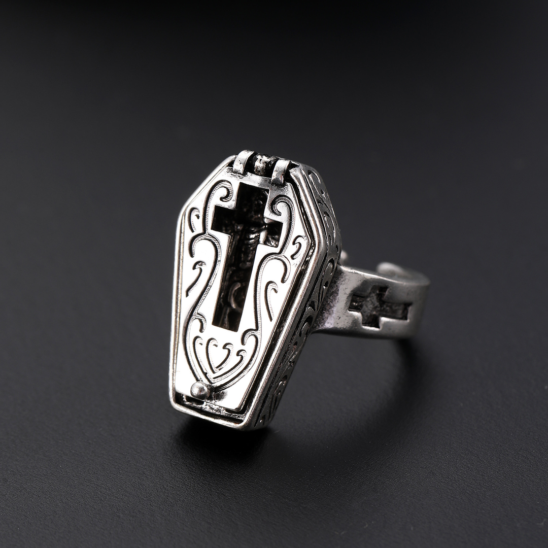 Retro Cross Engraved Coffin Ring