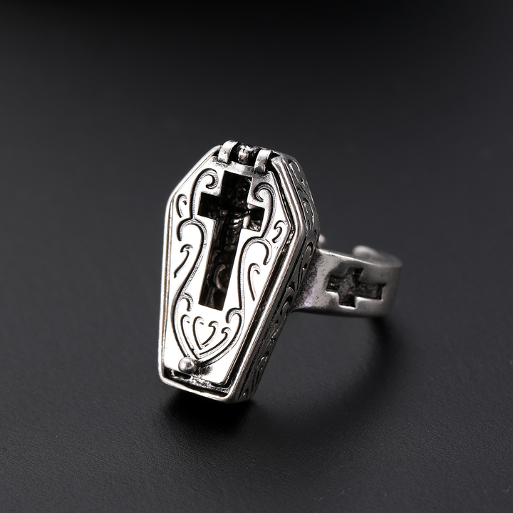 Retro Cross Engraved Coffin Ring
