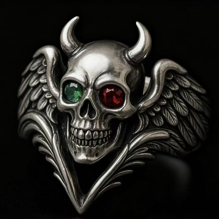 Goth Demon Skull Wing Twin Gem Ring