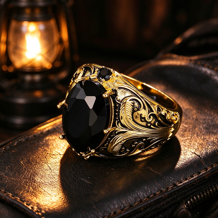 Vintage Engraved Gold Tone Oval Black Gem Statement Ring