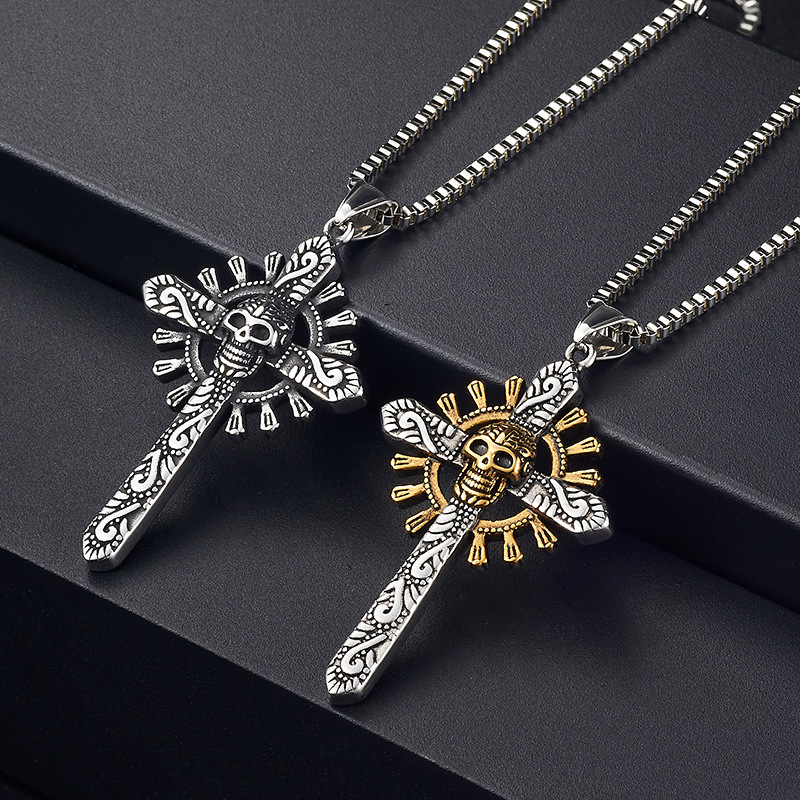 Vintage Skull Cross Pendant Necklace Stainless Steel