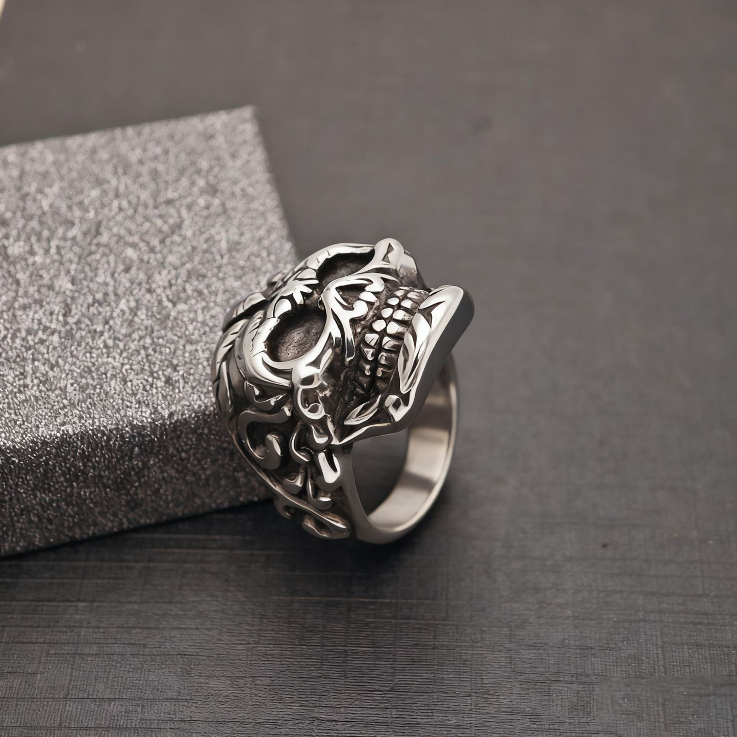 Carved floral skull vintage ring