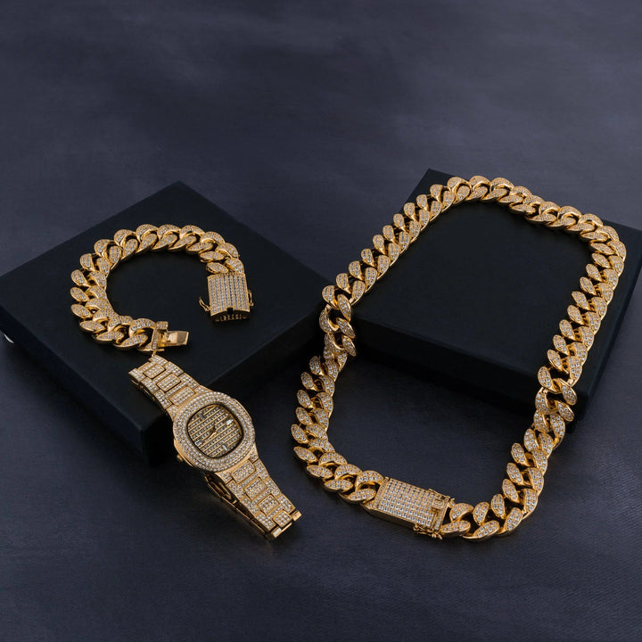 Premium 20mm Cuban Chain, Cuban Bracelet &amp; Watch Bundle