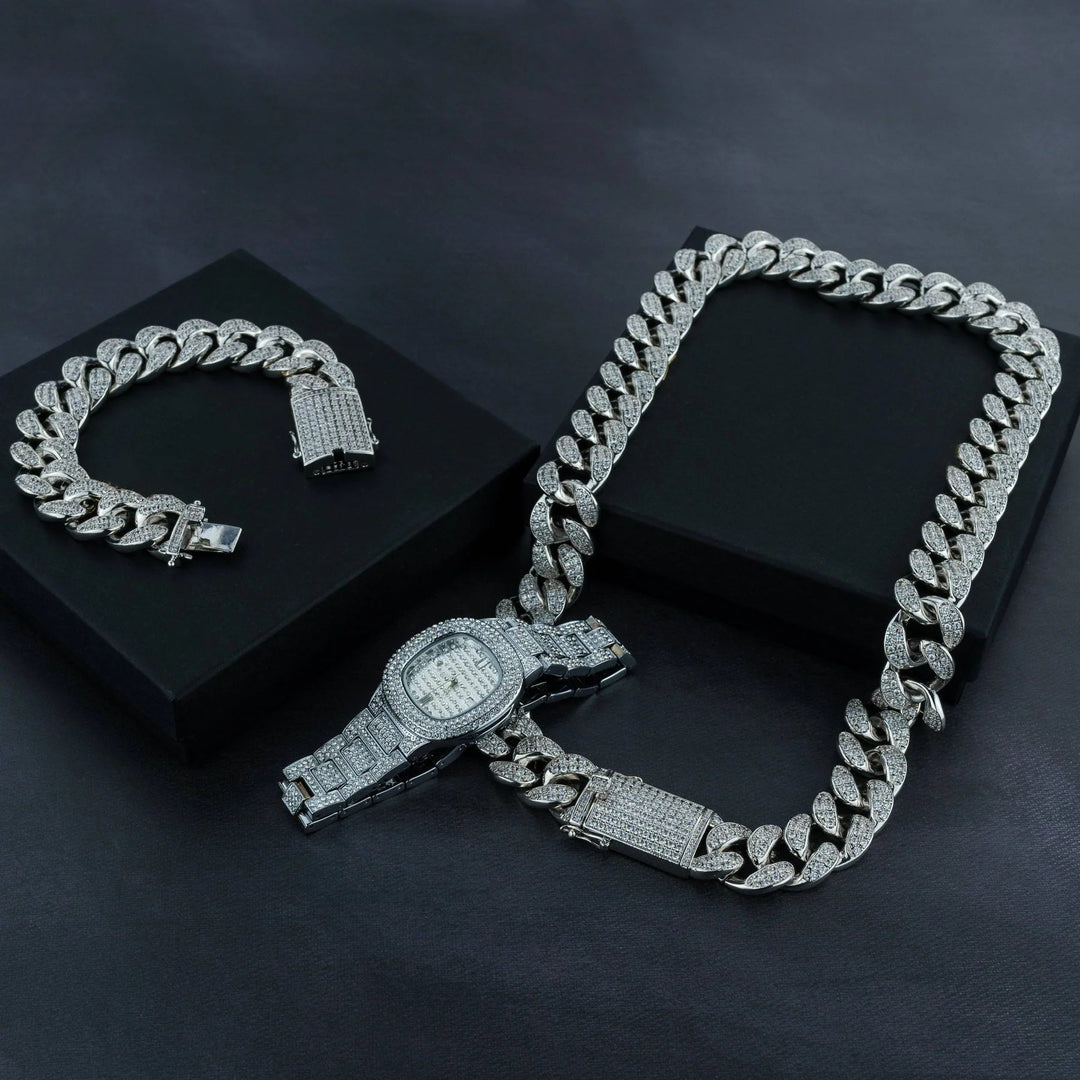 Premium 20mm Cuban Chain, Cuban Bracelet &amp; Watch Bundle