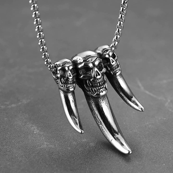 Triple-Skull &amp; Fang Gothic Pendant Necklace