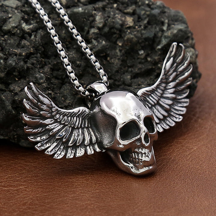 "Wings of the Dead" Skull Feather Necklace