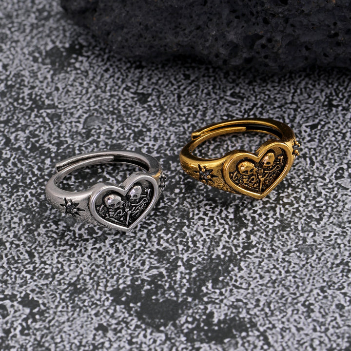 Heart-Shaped Double Skull Ring