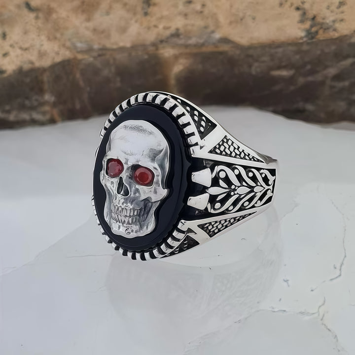 Silver Skull Ring with Ruby Eyes