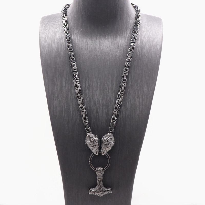 King Chain With Wolf Heads &amp; Mjolnir Pendant