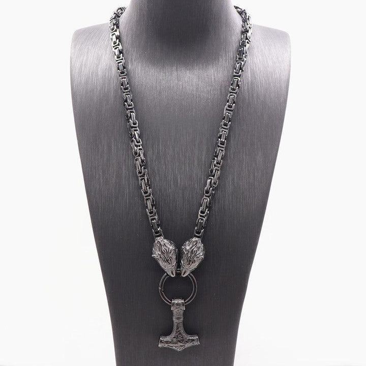 King Chain With Wolf Heads &amp; Mjolnir Pendant