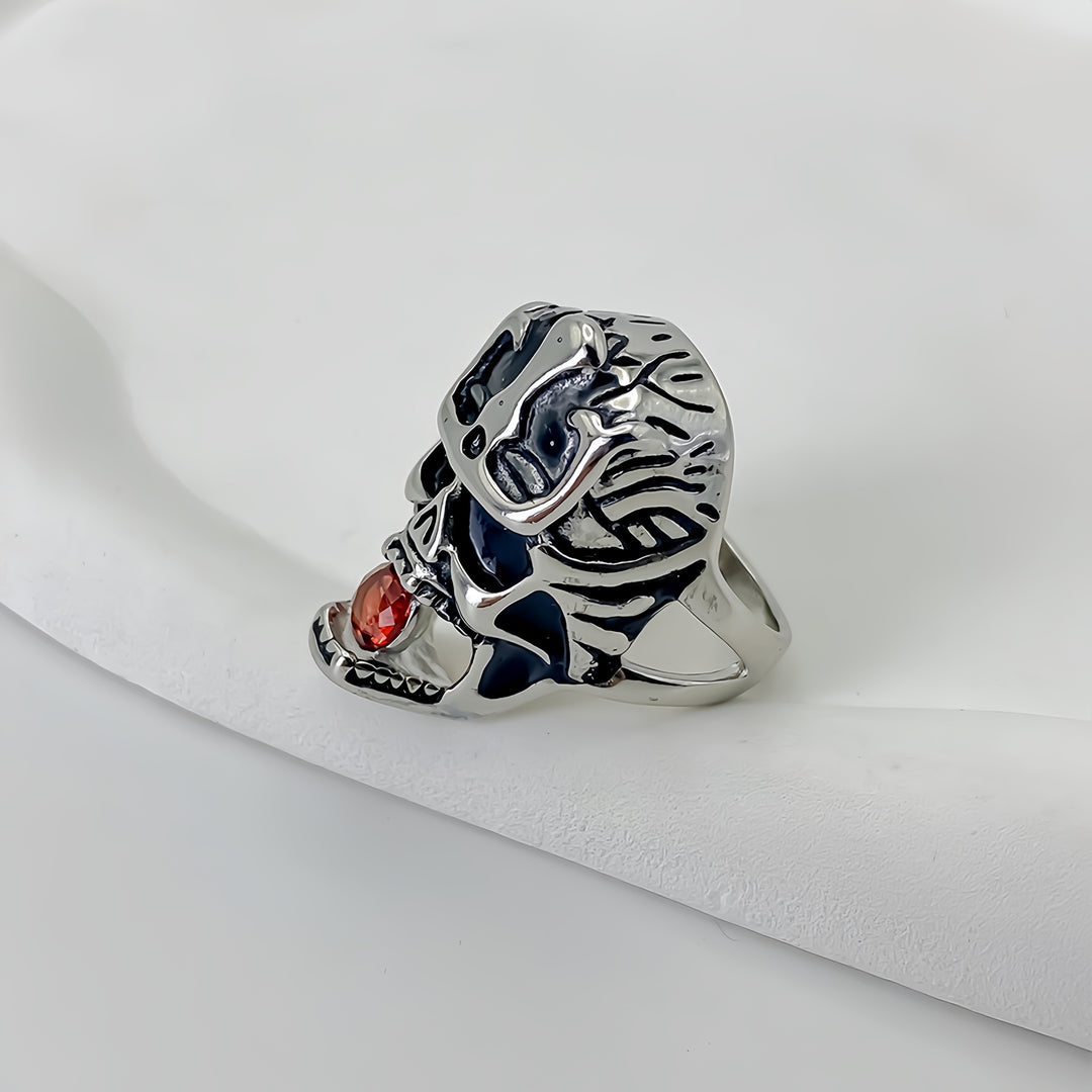 Gothic Skull Ring with Red Gem