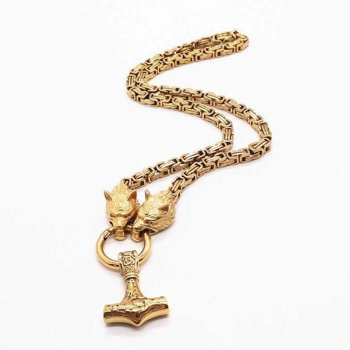 King Chain With Wolf Heads &amp; Mjolnir Pendant