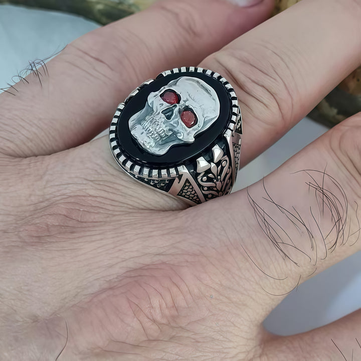 Silver Skull Ring with Ruby Eyes