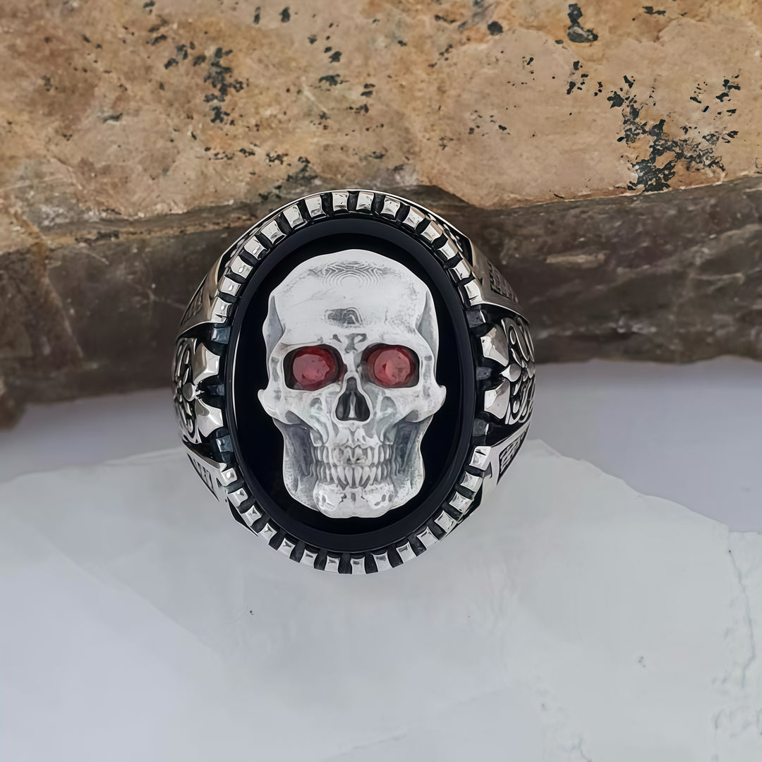 Silver Skull Ring with Ruby Eyes