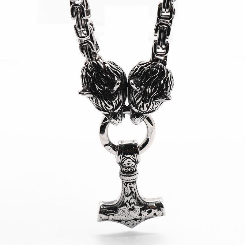 King Chain With Wolf Heads &amp; Mjolnir Pendant