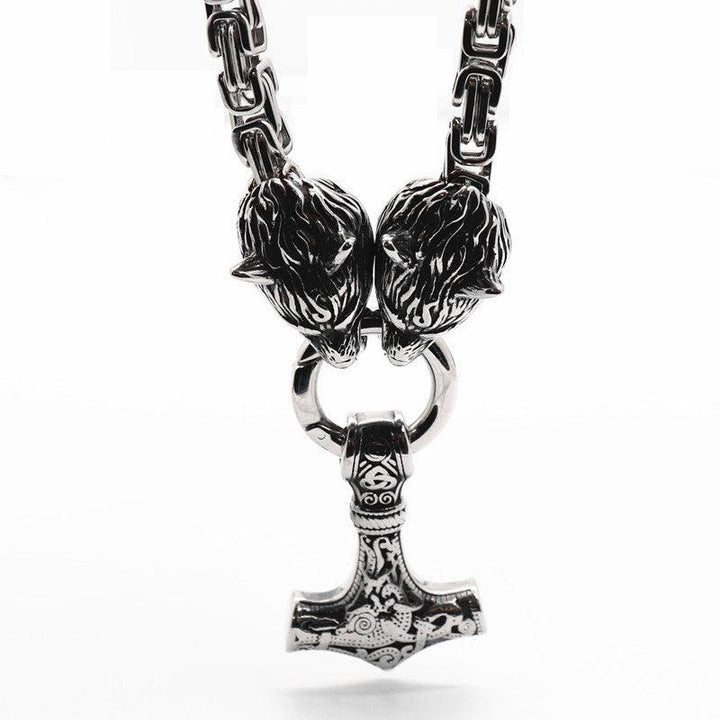 King Chain With Wolf Heads &amp; Mjolnir Pendant