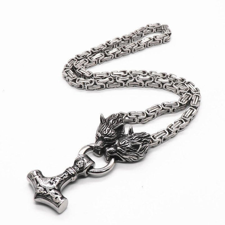 King Chain With Wolf Heads &amp; Mjolnir Pendant