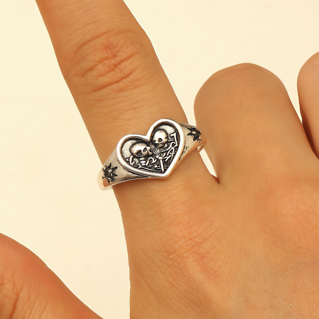 Heart-Shaped Double Skull Ring