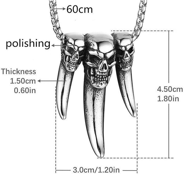 Triple-Skull &amp; Fang Gothic Pendant Necklace