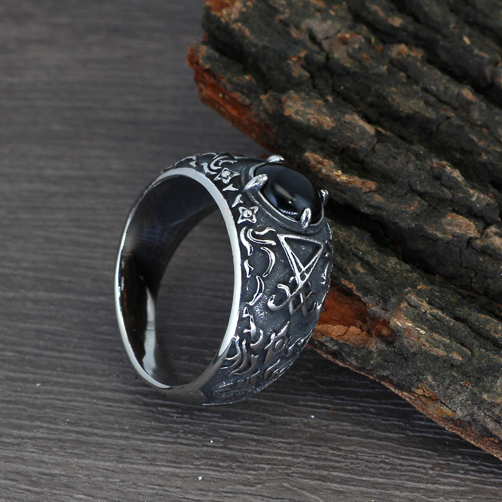 Mystical Symbol Black Gemstone Ring