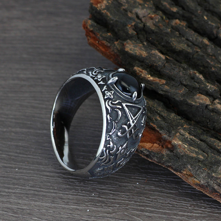 Mystical Symbol Black Gemstone Ring