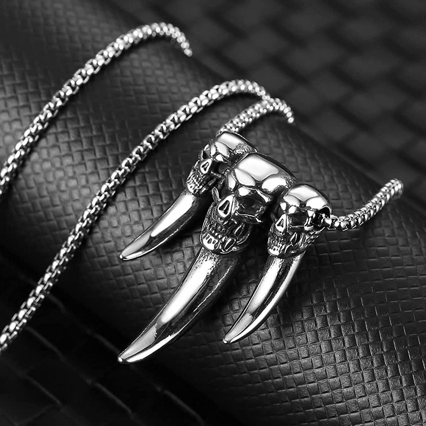 Triple-Skull &amp; Fang Gothic Pendant Necklace