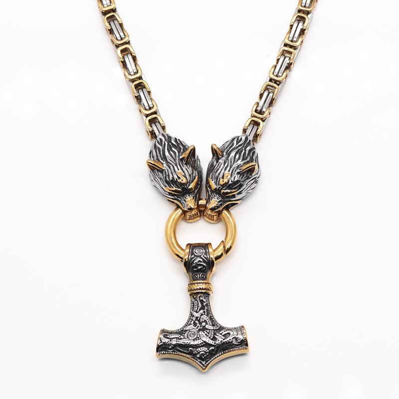 King Chain With Wolf Heads &amp; Mjolnir Pendant