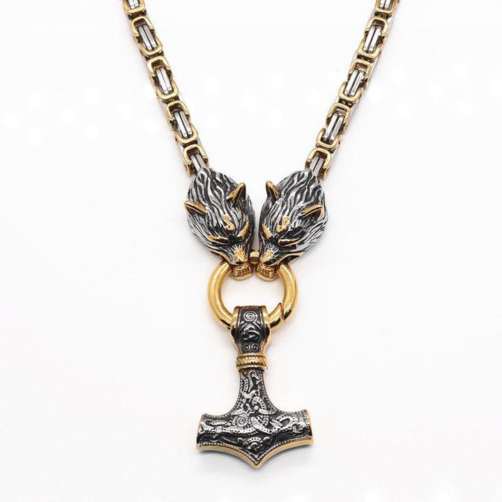 King Chain With Wolf Heads &amp; Mjolnir Pendant