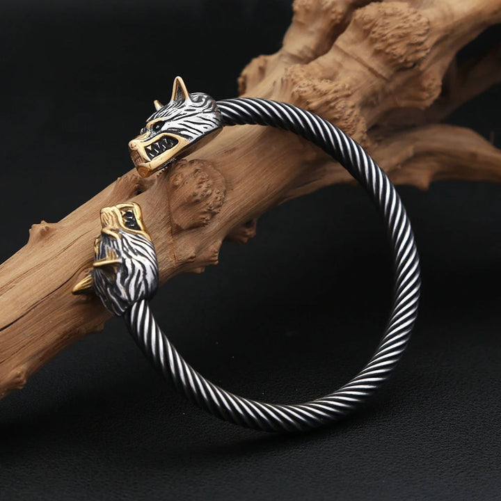 Viking Dual-Wolf Head Bracelet