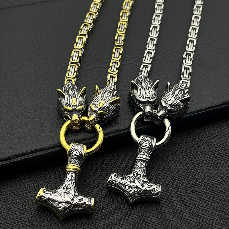 King Chain With Wolf Heads &amp; Mjolnir Pendant