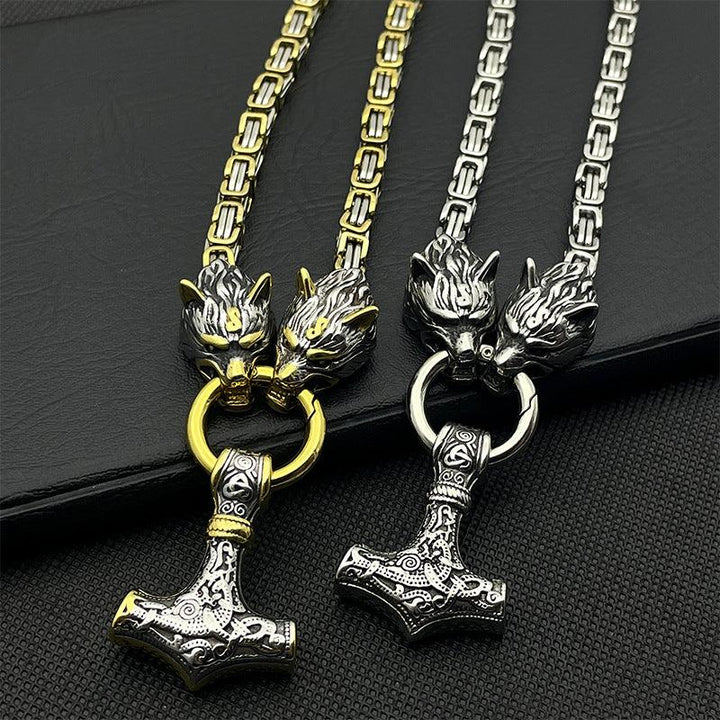 King Chain With Wolf Heads &amp; Mjolnir Pendant